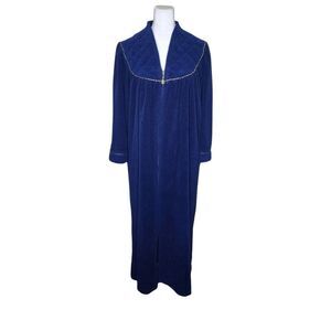 Vintage 70s Vanity Fair Zip Velour House Coat Robe Womens Size M Navy Blue